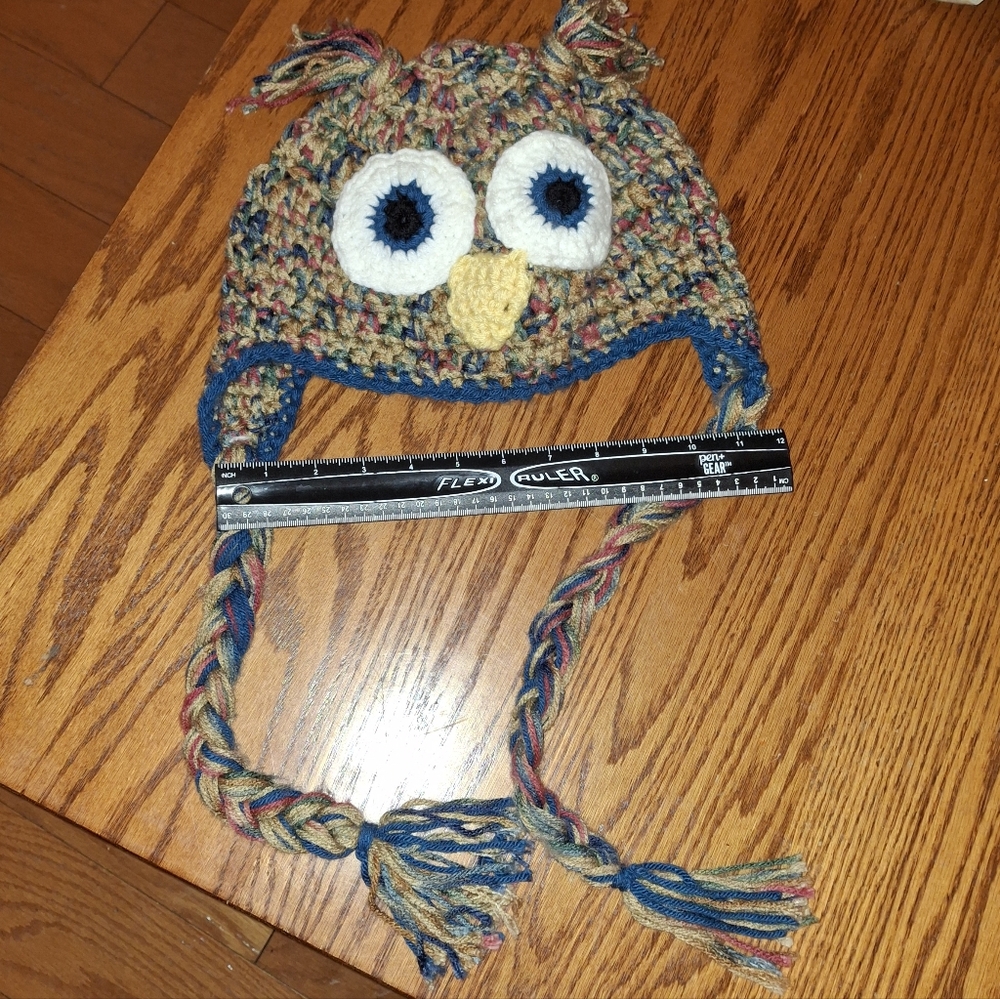 Handmade Crocheted Owl Earflap Beanie – Cotton, Autumn Multicolor, Owl Hat